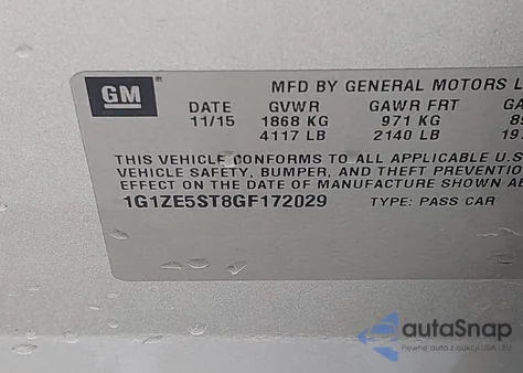 2016 Chevrolet Malibu 1Lt from USA, damaged, VIN 1G1ZE5ST8GF172029